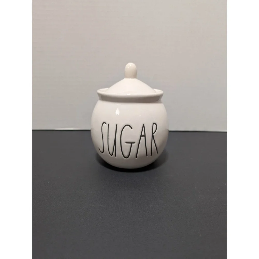 Rae Dunn Sugar Glossy White‎ Ceramic Round Jar Ivory Canister Farmhouse Kitchen